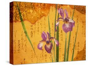 Oriental Batik Style Purple Bearded Iris and Green Leaves on Mottled Gold Background-null-Stretched Canvas