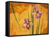 Oriental Batik Style Purple Bearded Iris and Green Leaves on Mottled Gold Background-null-Framed Stretched Canvas