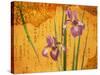 Oriental Batik Style Purple Bearded Iris and Green Leaves on Mottled Gold Background-null-Stretched Canvas