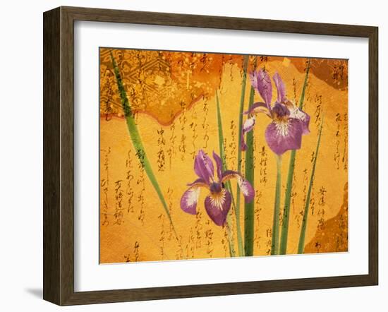 Oriental Batik Style Purple Bearded Iris and Green Leaves on Mottled Gold Background-null-Framed Photographic Print