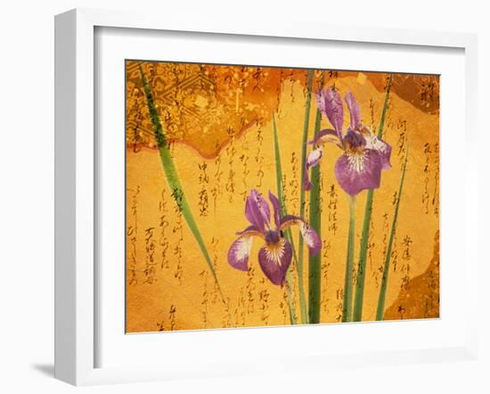 Oriental Batik Style Purple Bearded Iris and Green Leaves on Mottled Gold Background-null-Framed Photographic Print