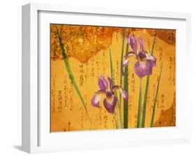 Oriental Batik Style Purple Bearded Iris and Green Leaves on Mottled Gold Background-null-Framed Photographic Print