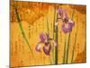 Oriental Batik Style Purple Bearded Iris and Green Leaves on Mottled Gold Background-null-Mounted Photographic Print