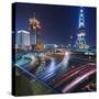 Oriental Pearl TV Tower and Footbridge at Night.-Jon Hicks-Stretched Canvas