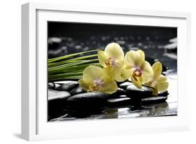 Oriental Spa with Orchid and Bottles with Essential Oil and Palm Leaf-crystalfoto-Framed Photographic Print