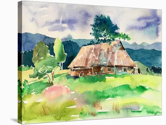 Original Handmade Watercolor Painting Illustration, Pleinair Wet Style Etude of Rural Landscape Wit-karakotsya-Stretched Canvas