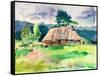 Original Handmade Watercolor Painting Illustration, Pleinair Wet Style Etude of Rural Landscape Wit-karakotsya-Framed Stretched Canvas