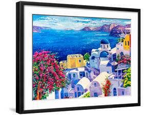 Original Oil Painting on Canvas. Greek Scenery, Blue Sea and White Houses.-Ivailo Nikolov-Framed Art Print