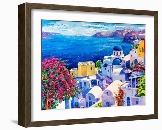 Original Oil Painting on Canvas. Greek Scenery, Blue Sea and White Houses.-Ivailo Nikolov-Framed Art Print