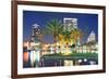 Orlando Downtown Skyline Panorama over Lake Eola at Night with Urban Skyscrapers, Tropic Palm Tree-Songquan Deng-Framed Photographic Print
