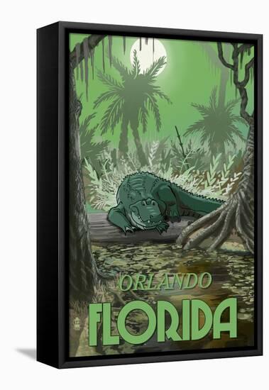Orlando, Florida - Alligator in Swamp-Lantern Press-Framed Stretched Canvas
