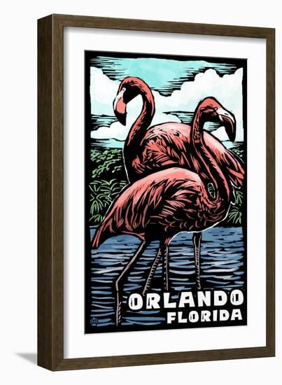 Orlando, Florida - Flamingo - Scratchboard-Lantern Press-Framed Art Print