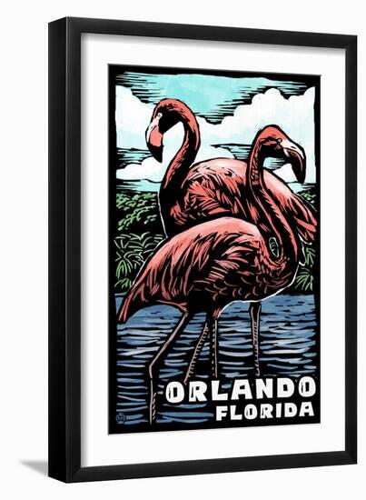 Orlando, Florida - Flamingo - Scratchboard-Lantern Press-Framed Art Print