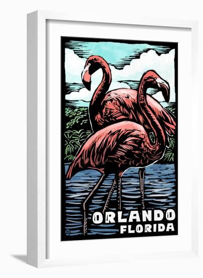 Orlando, Florida - Flamingo - Scratchboard-Lantern Press-Framed Art Print