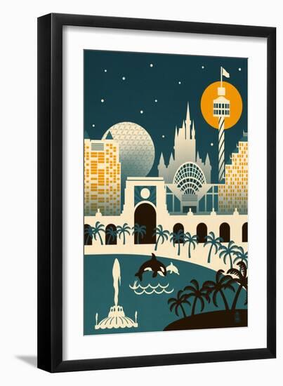 Orlando, Florida - Retro Skyline (no text)-Lantern Press-Framed Art Print