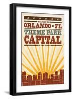 Orlando, Florida - Skyline and Sunburst Screenprint Style-Lantern Press-Framed Art Print
