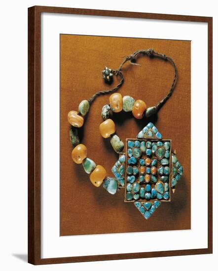 Ornament for Carrying Gau Talisman, Silver-Gilt Bezels with Coral and Turquoise, Region of Tibet-null-Framed Giclee Print