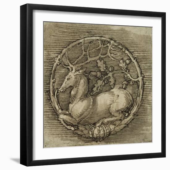 Ornament with a Deer Lying in a Circle of Oak Branch-Albrecht Dürer-Framed Giclee Print