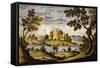 Ornamental Tile with Landscape and Castle, Maiolica, Castelli Manufacture, Abruzzo, Italy-null-Framed Stretched Canvas