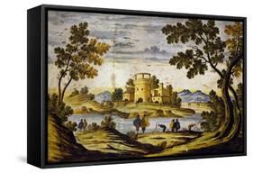 Ornamental Tile with Landscape and Castle, Maiolica, Castelli Manufacture, Abruzzo, Italy-null-Framed Stretched Canvas