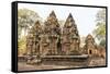 Ornate Carvings in Red Sandstone at Banteay Srei Temple in Angkor, Siem Reap, Cambodia-Michael Nolan-Framed Stretched Canvas