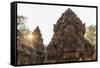 Ornate Carvings in Red Sandstone at Sunset in Banteay Srei Temple in Angkor, Siem Reap, Cambodia-Michael Nolan-Framed Stretched Canvas