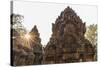 Ornate Carvings in Red Sandstone at Sunset in Banteay Srei Temple in Angkor, Siem Reap, Cambodia-Michael Nolan-Stretched Canvas