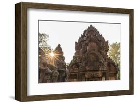 Ornate Carvings in Red Sandstone at Sunset in Banteay Srei Temple in Angkor, Siem Reap, Cambodia-Michael Nolan-Framed Photographic Print