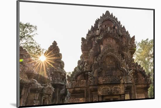 Ornate Carvings in Red Sandstone at Sunset in Banteay Srei Temple in Angkor, Siem Reap, Cambodia-Michael Nolan-Mounted Photographic Print