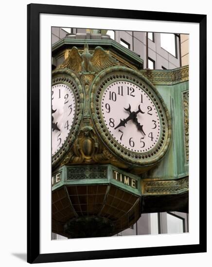 Ornate clock on building in downtown, Chicago, Illinois, USA-Alan Klehr-Framed Premium Photographic Print