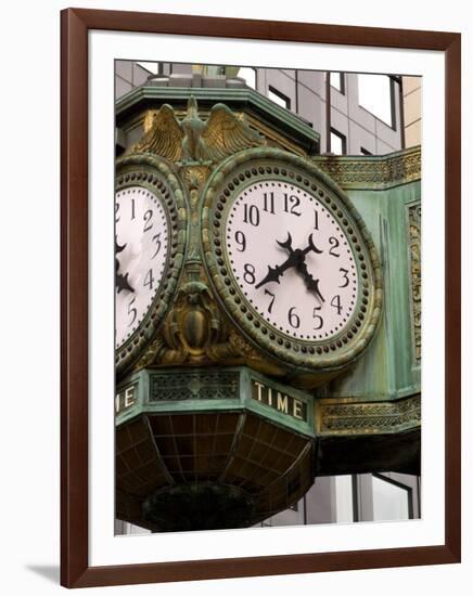 Ornate clock on building in downtown, Chicago, Illinois, USA-Alan Klehr-Framed Photographic Print