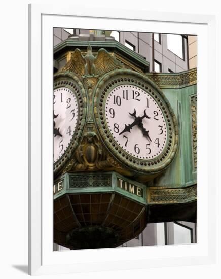 Ornate clock on building in downtown, Chicago, Illinois, USA-Alan Klehr-Framed Photographic Print