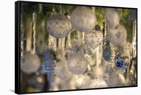 Ornate glass Christmas ornaments at Christmas Market, Nuremberg, Germany-Jim Engelbrecht-Framed Stretched Canvas