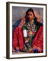 Ornately Dressed Megwar Tribe Woman Sits Next to Wall, Gujurat, India-Jaynes Gallery-Framed Premium Photographic Print