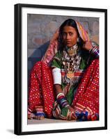 Ornately Dressed Megwar Tribe Woman Sits Next to Wall, Gujurat, India-Jaynes Gallery-Framed Premium Photographic Print
