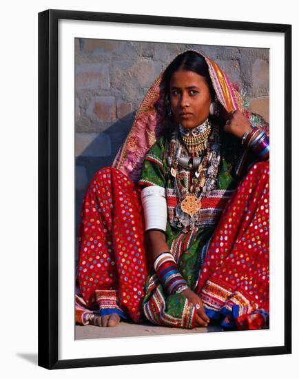 Ornately Dressed Megwar Tribe Woman Sits Next to Wall, Gujurat, India-Jaynes Gallery-Framed Premium Photographic Print