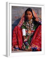 Ornately Dressed Megwar Tribe Woman Sits Next to Wall, Gujurat, India-Jaynes Gallery-Framed Premium Photographic Print