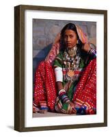 Ornately Dressed Megwar Tribe Woman Sits Next to Wall, Gujurat, India-Jaynes Gallery-Framed Photographic Print