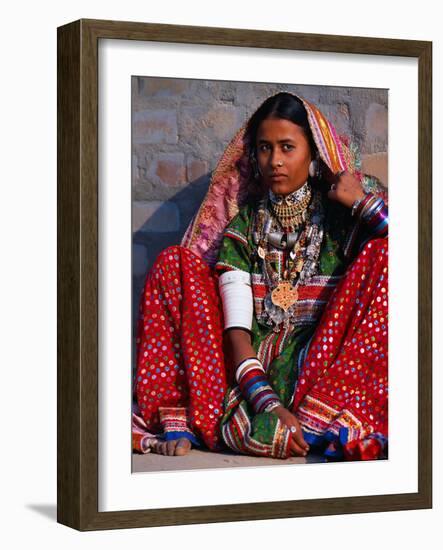 Ornately Dressed Megwar Tribe Woman Sits Next to Wall, Gujurat, India-Jaynes Gallery-Framed Photographic Print