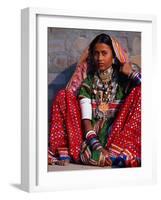 Ornately Dressed Megwar Tribe Woman Sits Next to Wall, Gujurat, India-Jaynes Gallery-Framed Photographic Print