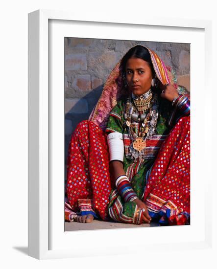 Ornately Dressed Megwar Tribe Woman Sits Next to Wall, Gujurat, India-Jaynes Gallery-Framed Photographic Print