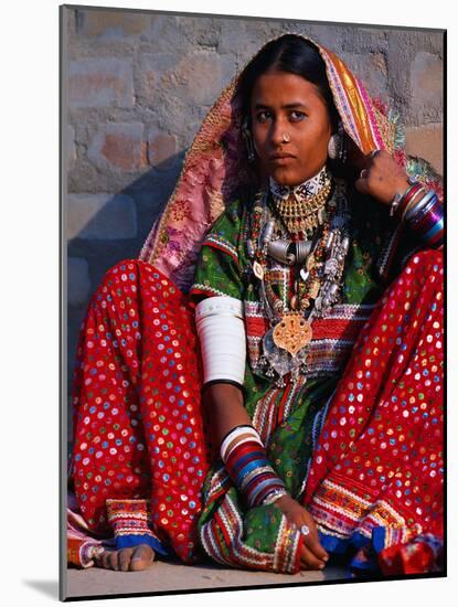 Ornately Dressed Megwar Tribe Woman Sits Next to Wall, Gujurat, India-Jaynes Gallery-Mounted Photographic Print