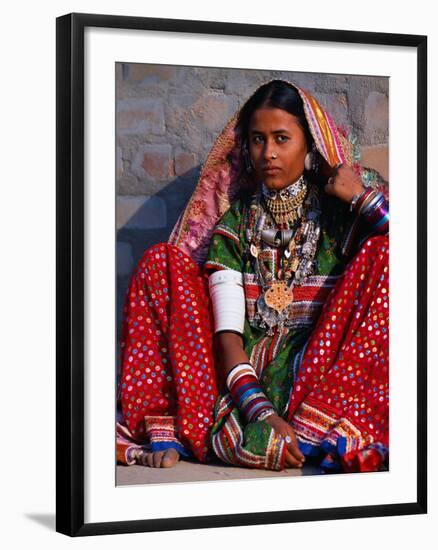 Ornately Dressed Megwar Tribe Woman Sits Next to Wall, Gujurat, India-Jaynes Gallery-Framed Photographic Print