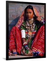 Ornately Dressed Megwar Tribe Woman Sits Next to Wall, Gujurat, India-Jaynes Gallery-Framed Photographic Print