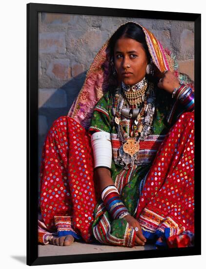 Ornately Dressed Megwar Tribe Woman Sits Next to Wall, Gujurat, India-Jaynes Gallery-Framed Photographic Print