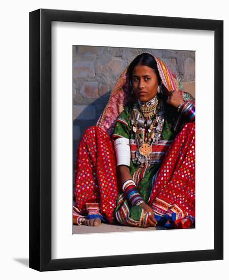 Ornately Dressed Megwar Tribe Woman Sits Next to Wall, Gujurat, India-Jaynes Gallery-Framed Premium Photographic Print