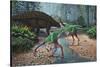 Ornithomimus Swallowing Stones Along a Stream as Part of their Diet-null-Stretched Canvas