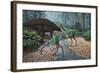 Ornithomimus Swallowing Stones Along a Stream as Part of their Diet-null-Framed Premium Giclee Print