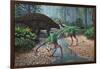 Ornithomimus Swallowing Stones Along a Stream as Part of their Diet-null-Framed Art Print