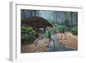 Ornithomimus Swallowing Stones Along a Stream as Part of their Diet-null-Framed Art Print